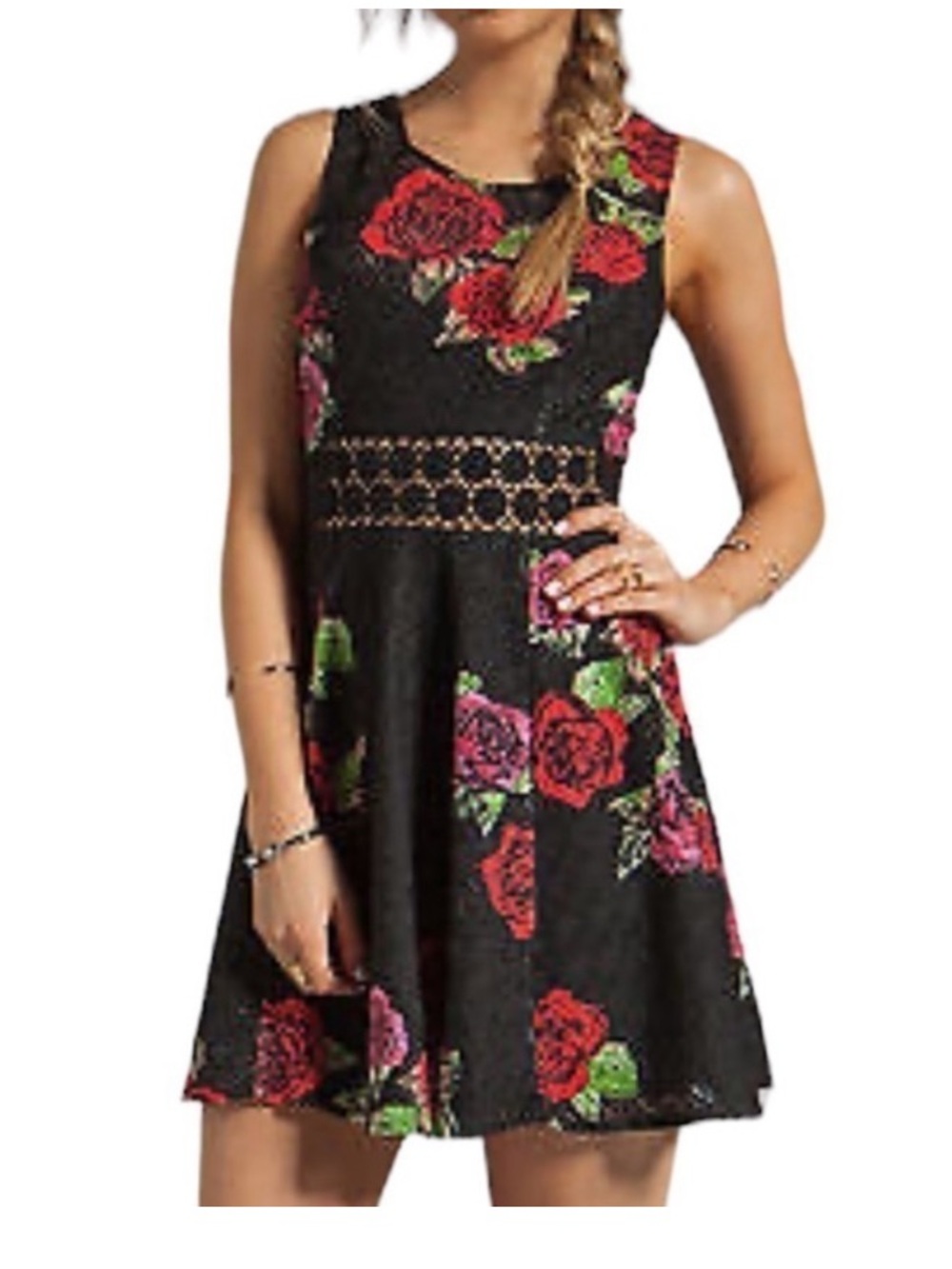 Free People Rose Floral Fit & Flare Mini Dress Crochet Waist Black Size 4